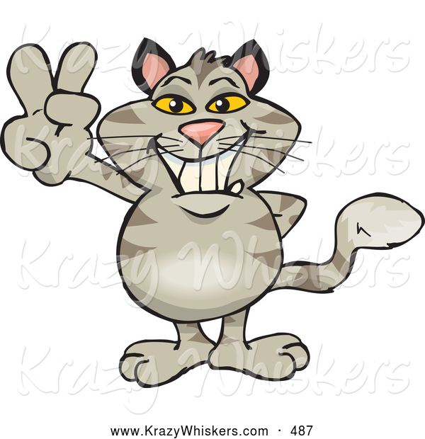 Critter Clipart of a Happy Peaceful Gray Cat Smiling and Gesturing the Peace Sign with His Hand