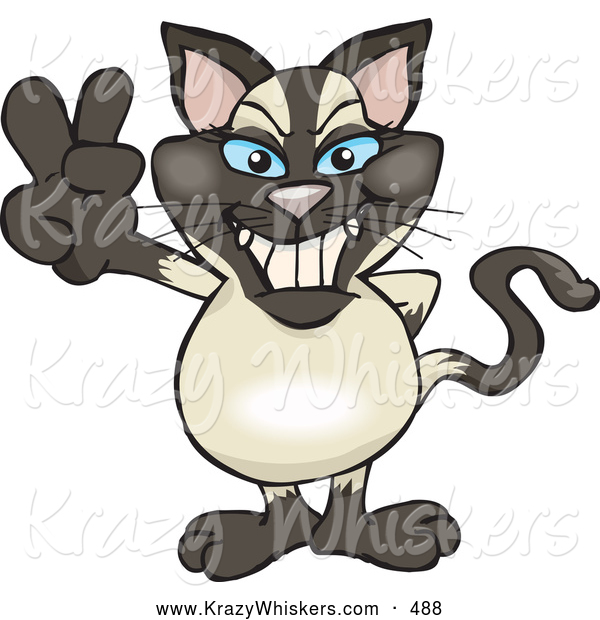 Critter Clipart of a Happy Peaceful Siamese Cat Smiling and Gesturing the Peace Sign with His Hand