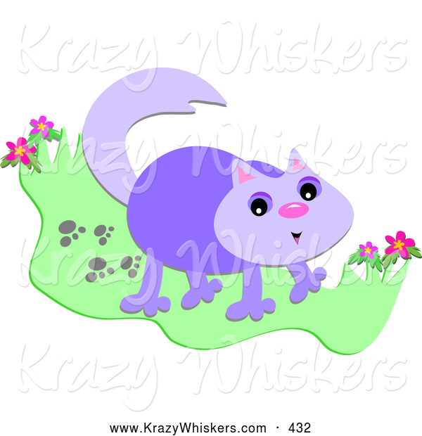 Critter Clipart of a Happy Purple Cat with Paw Prints in Grass