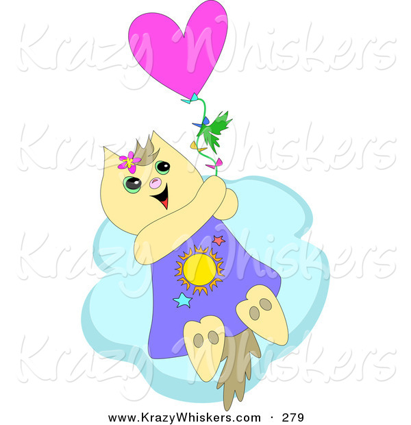 Critter Clipart of a Happy Tan Cat Holding onto a Balloon and Floating Above the Clouds in the SkyHappy Tan Cat Holding onto a Balloon and Floating Above the Clouds in the Sky