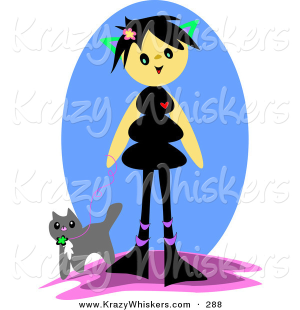Critter Clipart of a Happy Tan Girl with Black Hair, Walking Her Cat on a Leash