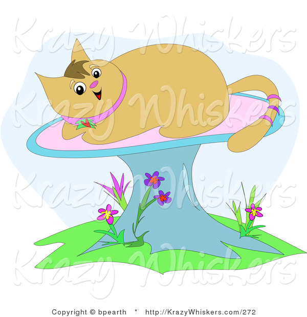Critter Clipart of a Happy Tan Kitty Cat with a Pink Ringed Tail, Sun Bathing on a Mushroom