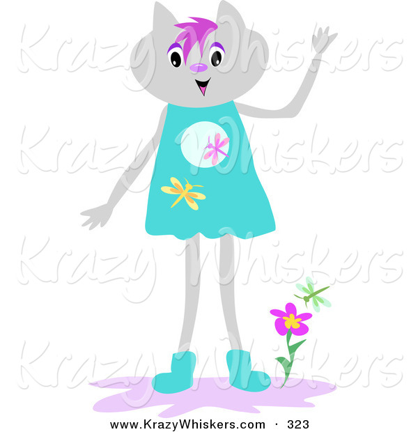 Critter Clipart of a Human like Gray Cat in a Dress, Standing by Flowers and Waving