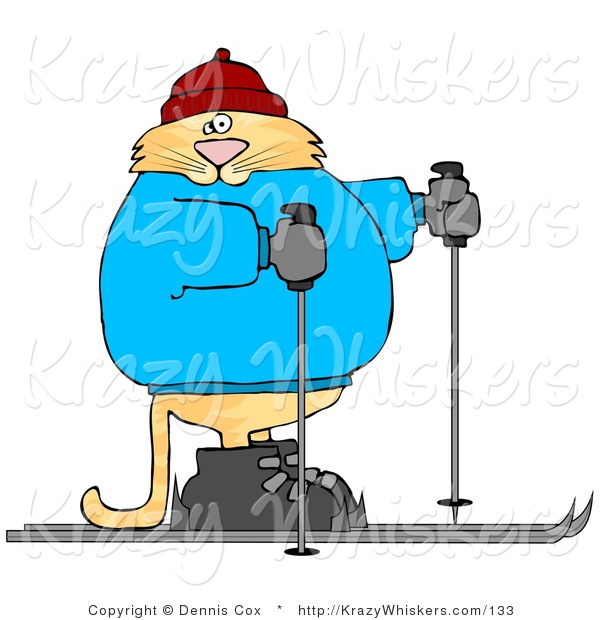 Critter Clipart of a Human-like Orange Tabby Cat Cross-country Skiing