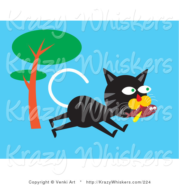 Critter Clipart of a Hungry Black and Gray Alley Cat Running past a Tree and Carrying a Fish in His Mouth