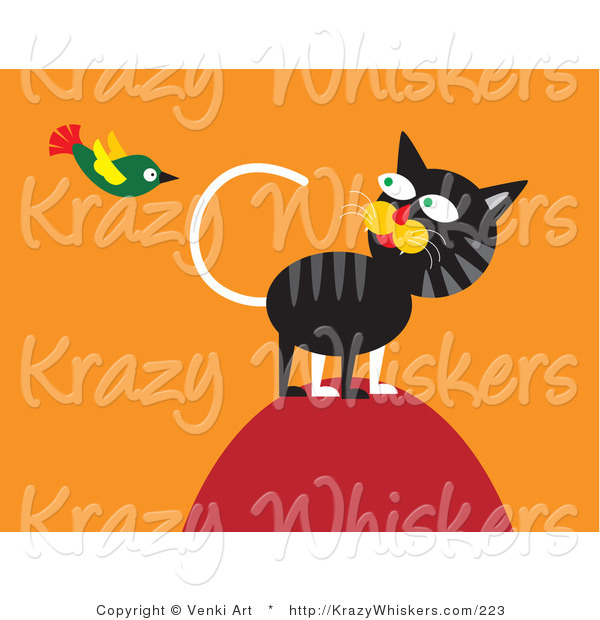 Critter Clipart of a Hunting Cat on Top of a Hill, Watching a Green Bird Flying Overhead