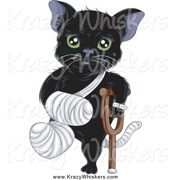 Critter Clipart of a Hurt Green Eyed Black Cat with a Bandaged Foot, Tail and Arm, Using a Crutch