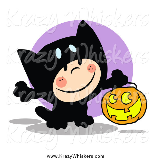 Critter Clipart of a Kid Trick or Treating in a Black Kitty Costume