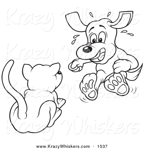 Critter Clipart of a Lineart Cat Scaring a Dog