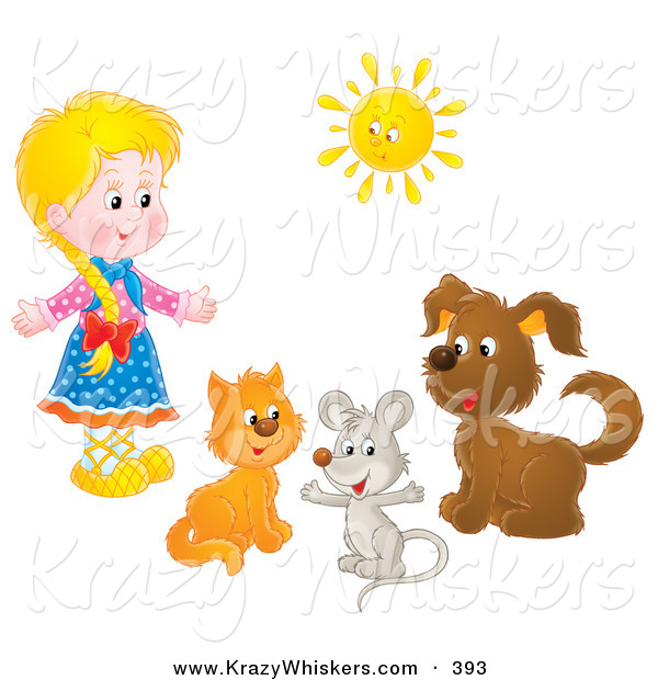 Critter Clipart of a Little Blonde Girl with a Cat, Mouse and Dog Under a Bright Summer Sun