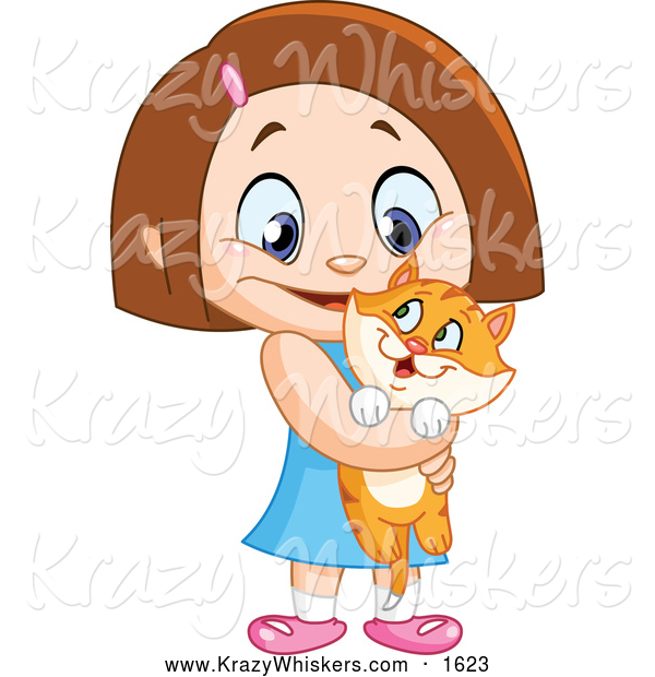 Critter Clipart of a Little Girl Holding Her Orange Kitty
