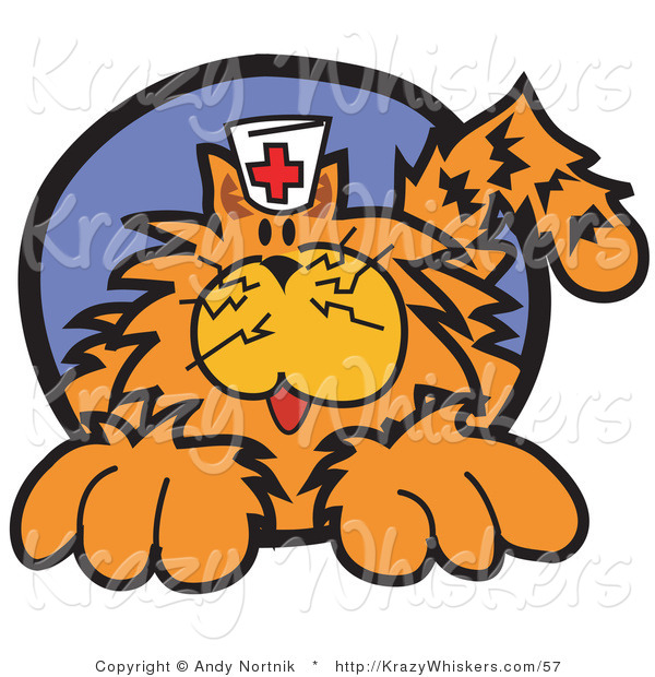 Critter Clipart of a Long Haired Fluffy Orange Cat Wearing a Nursing Cap