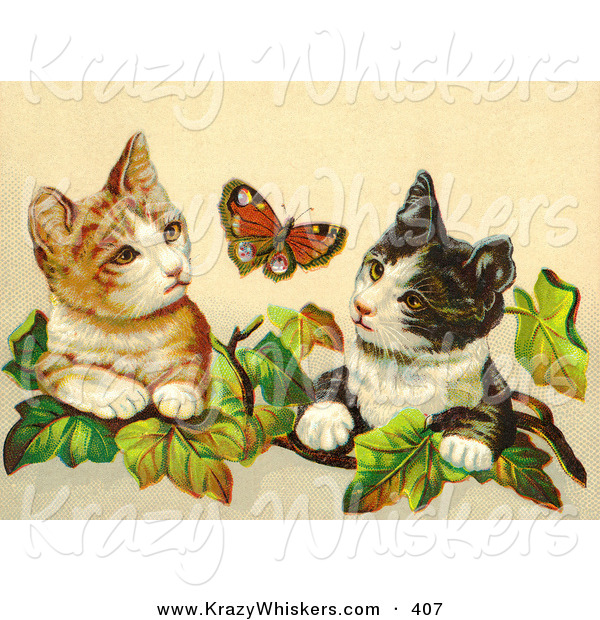 Critter Clipart of a Painting of Two Curious Victorian Cats in Ivy Leaves Watching a Butterfly