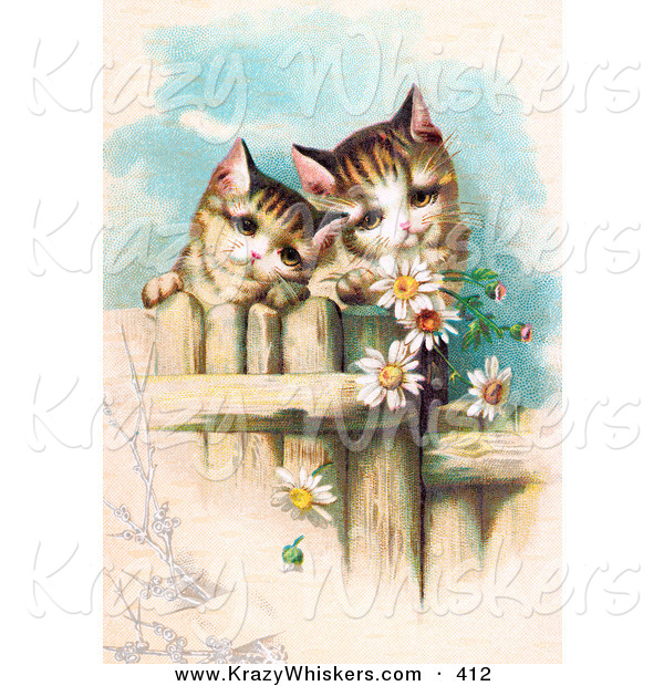 Critter Clipart of a Painting of Two Curious Victorian Kittens Peering over a Wooden Fence, Gazing at Daisy Flowers