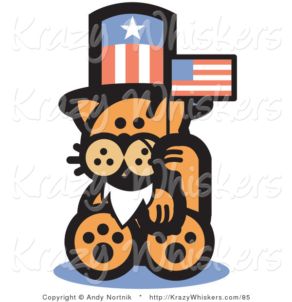 Critter Clipart of a Patriotic Orange Cat Wearing a Fake White Beard and an American Hat and Waving a Flag on Independence Day