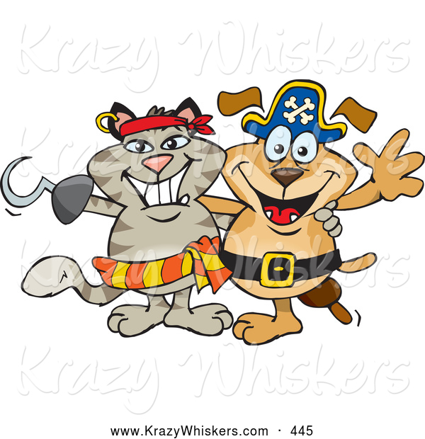 Critter Clipart of a Pirate Cat with a Hook Hand Standing and Smiling with a Pirate Dog Canine with a Peg Leg