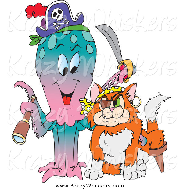 Critter Clipart of a Pirate Octopus and Ginger Cat