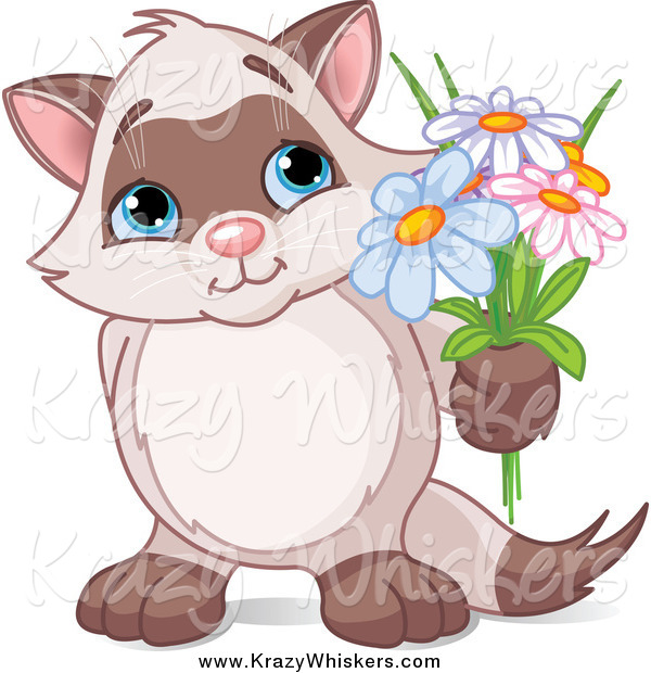 Critter Clipart of a Romantic Kitten Holding up Flowers
