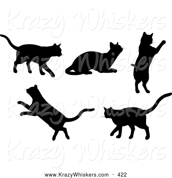 Critter Clipart of a Set of 5 Silhouetted Kitty Cats Walking, Resting, Jumping and Leaping