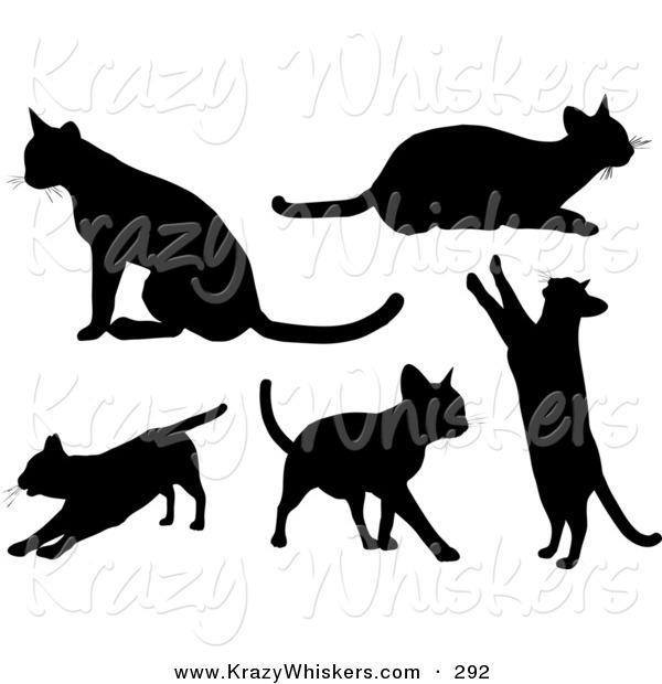 Critter Clipart of a Set of Five Silhouetted Kitty Cats Sitting, Laying, Stretching, Walking and Standing up on Their Hind Legs