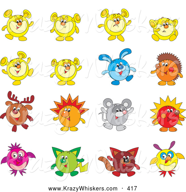 Critter Clipart of a Set of Sixteen Animal Characters Including a Rabbit, Reindeer, Hedgehog, Mouse and Cat