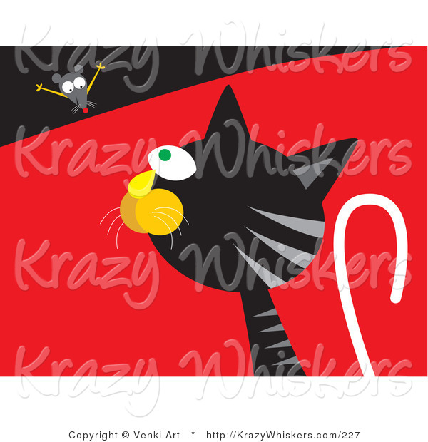 Critter Clipart of a Silly Mouse Teasing a Hungry Black and Gray Tabby Cat