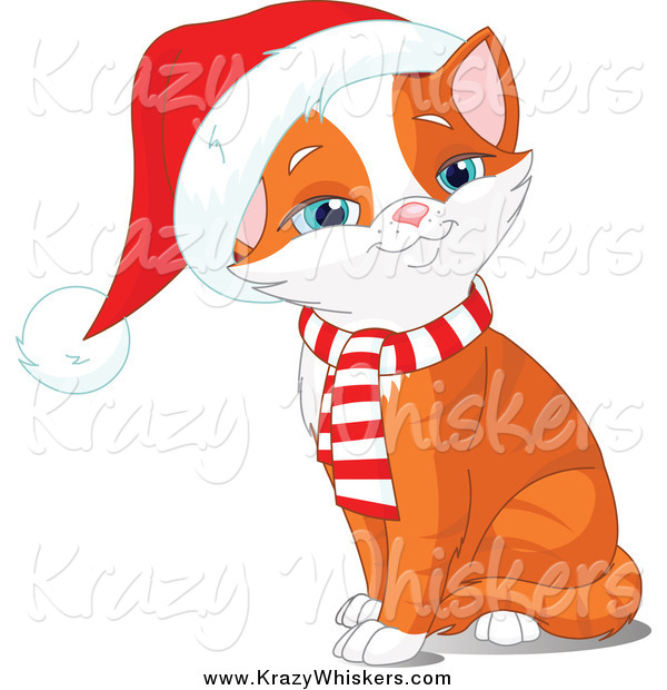 Critter Clipart of a Sitting Orange Kitten Wearing a Santa Hat