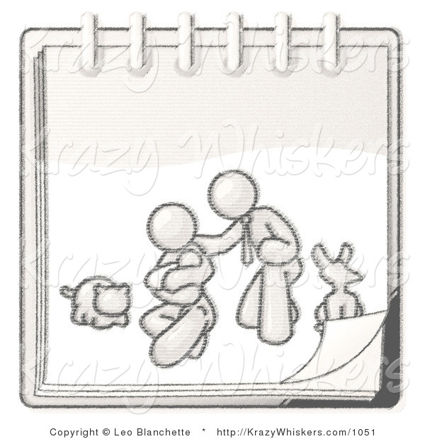 Critter Clipart of a Sketched Design Mascot Family Showing a Man Kneeling Beside His Wife Cradling a Newborn Baby with Their Dog and Cat on a Notebook