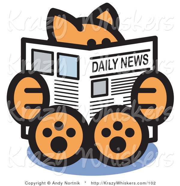 Critter Clipart of a Smart Orange Cat Sitting and Reading the Newspaper