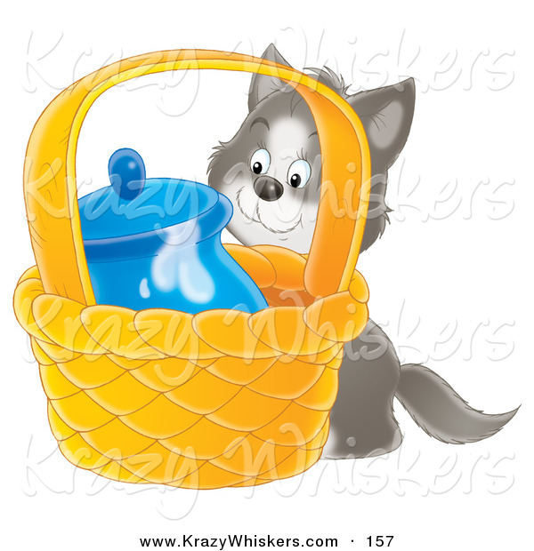 Critter Clipart of a Sneaky Gray and White Kitty Trying to Get to Milk in a Jar in a Basket