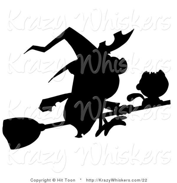 Critter Clipart of a Solid Black Silhouette of a Flying Cat and Witch on a Broomstick