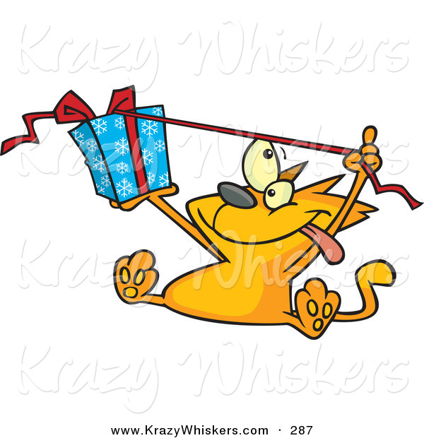 Critter Clipart of a Spoiled Orange Kitty Cat Sitting and Pulling the Ribbon of a Christmas Present Wrapped in Blue Snowflake Patterned Gift Wrap