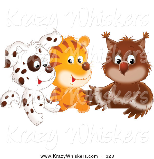 Critter Clipart of a Spotted Puppy, Tiger and Baby Owl in a Group on Solid White