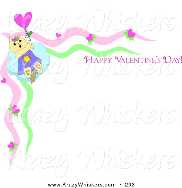Critter Clipart of a Tan Kitty Cat Holding onto a Balloon and Flying Away on a Stationery Border with "Happy Valentine's Day" Text