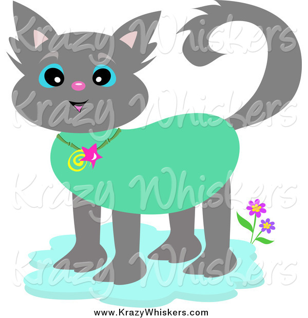 Critter Clipart of a Tropical Gray Cat Wearing a Collar
