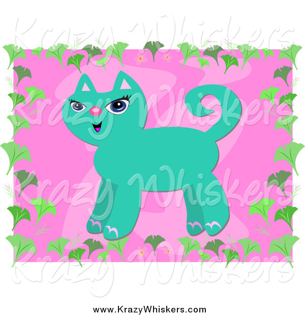 Critter Clipart of a Turquoise Cat over Pink with a Gingko Leaf Border