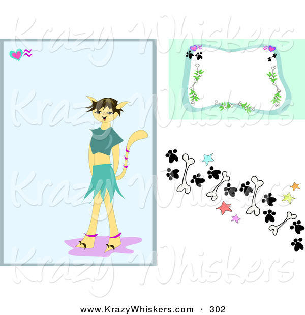 Critter Clipart of a Web Design Set of Backgrounds of a Tan Morph Cat Girl Background with a Frame and Border Design of Paw Prints, Stars and Bones