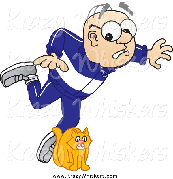 Critter Clipart of a White Senior Man Character Tripping over a Cat
