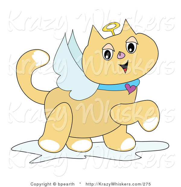Critter Clipart of a Winged Tan Angel Cat with a Golden Halo and Heart Collar, Prancing by