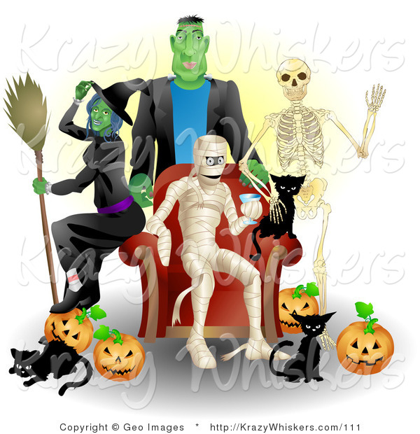 Critter Clipart of a Witch, Frankenstein, Skeleton, Mummy, Black Cats and Pumpkins at an All Hallows Eve Party