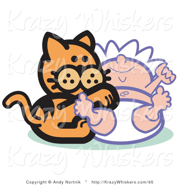 Critter Clipart of an Orange Cat Playing with a Newborn Baby