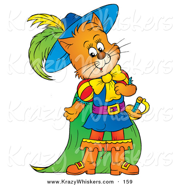 Critter Clipart of an Orange Cat, Puss in Boots, in Colorful Clothes and Cape