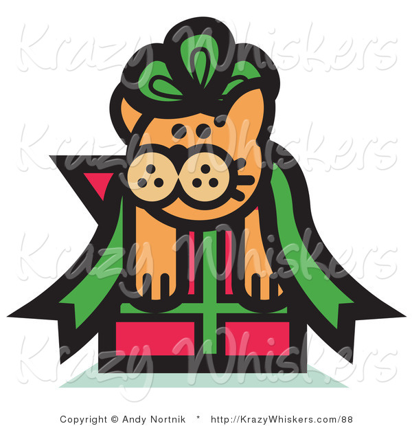 Critter Clipart of an Orange Cat Stuck in a Green Ribbon Bow on a Christmas Gift