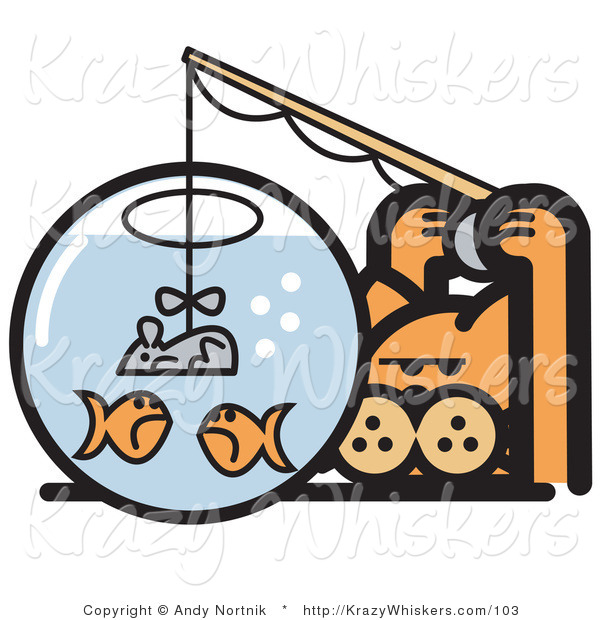 Critter Clipart of an Orange Cat Trying to Catch Goldfish in a Bowl by Using a Mouse As a Fishing Lure