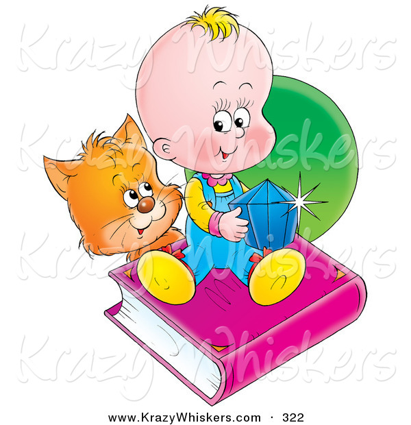 Critter Clipart of an Orange Kitty Looking at a Baby Sitting on a Book and Holding a Blue Gem