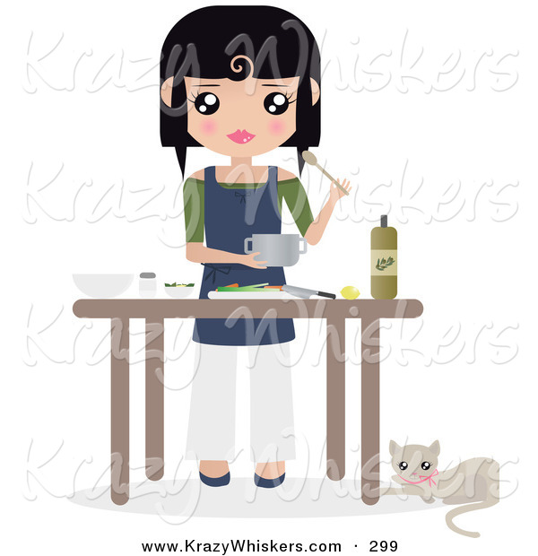 Critter Clipart of AWhite Cat Resting by a Table Where Black Haired Caucasian Woman Prepares Food