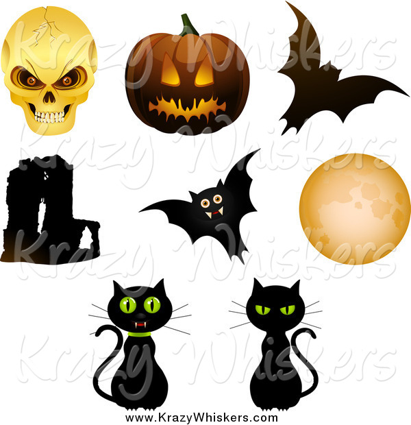 Critter Clipart of Halloween Objects; Skull, Pumpkin, Bats, Cats, Moon and Abbey