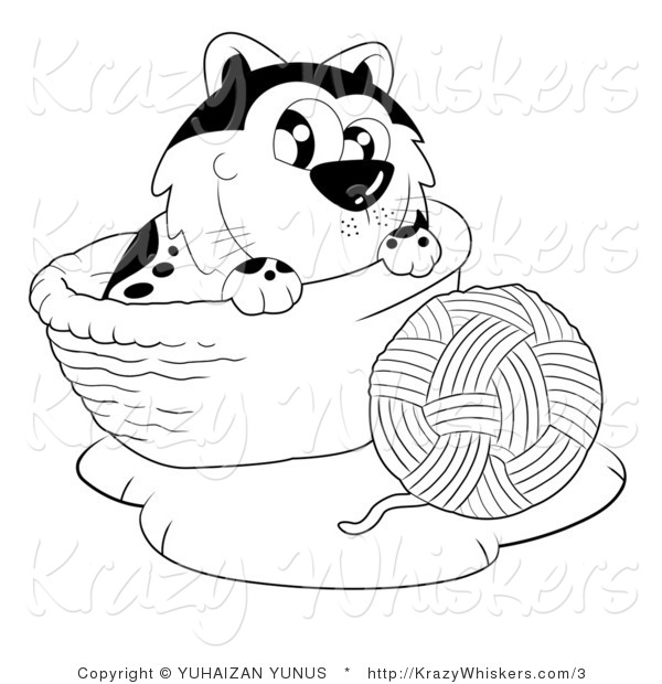 Kitty Clipart of a Black and White Cat with a Ball of Yarn - Royalty Free