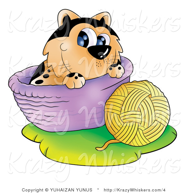 Kitty Clipart of a Cat with a Ball of Yarn and Basket - Royalty Free