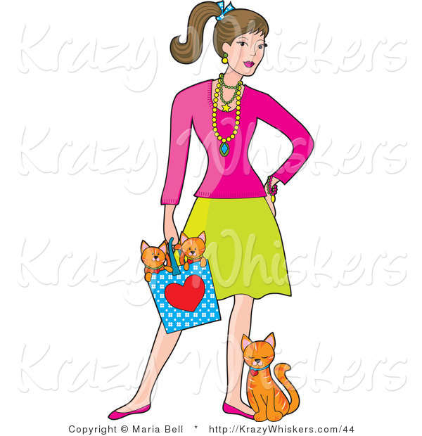 Kitty Clipart of a Stylish Lady with a Cat at Her Feet and Kittens in a Bag - Royalty Free